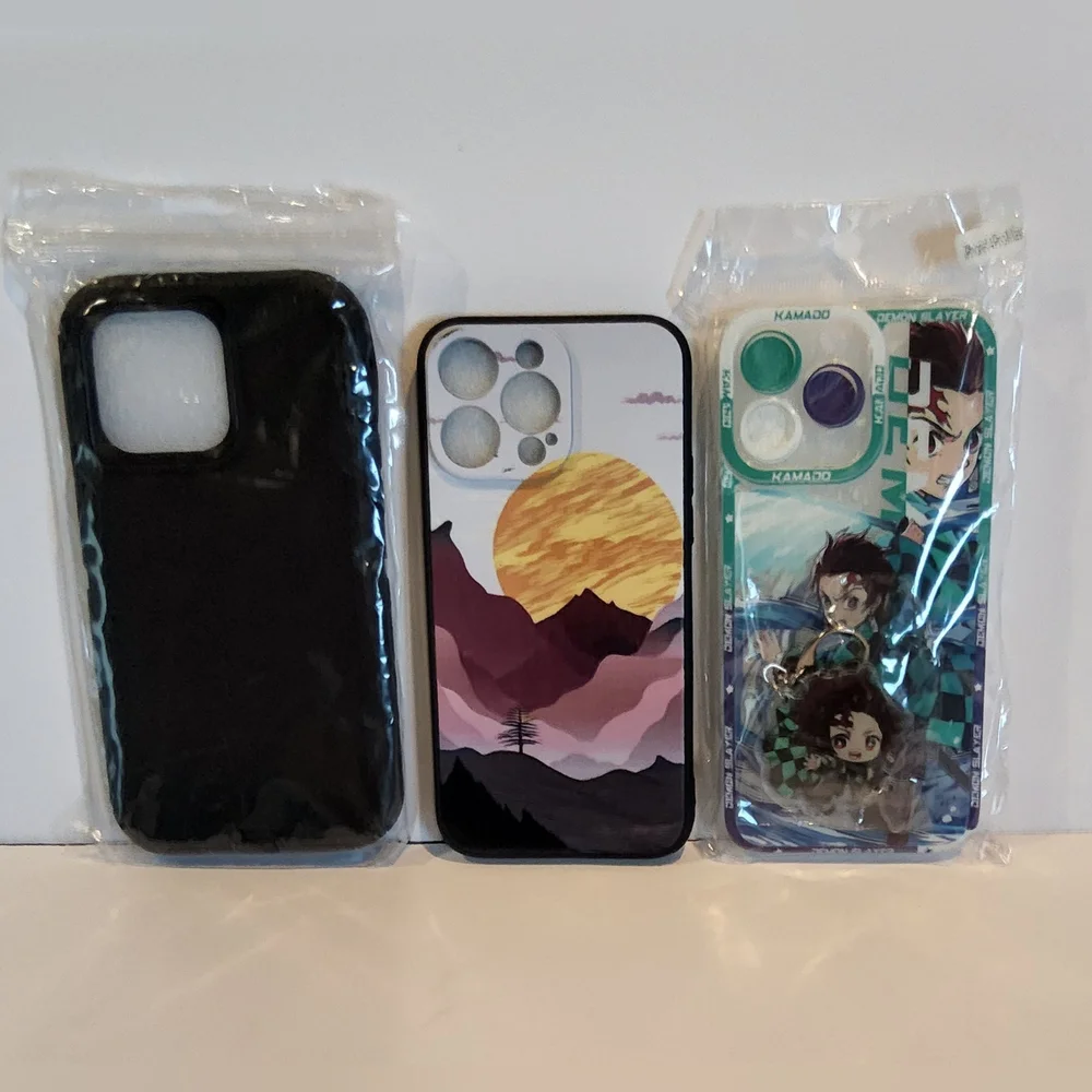 3 pack iPhone 14 Pro protective‎ painted case  (anime,black, and sunset)